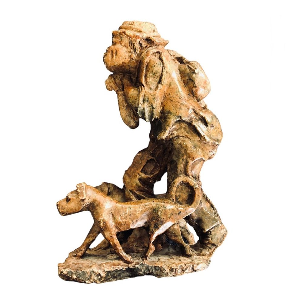 Hand Carved Stone Sculpture - Monkey w/Dogs